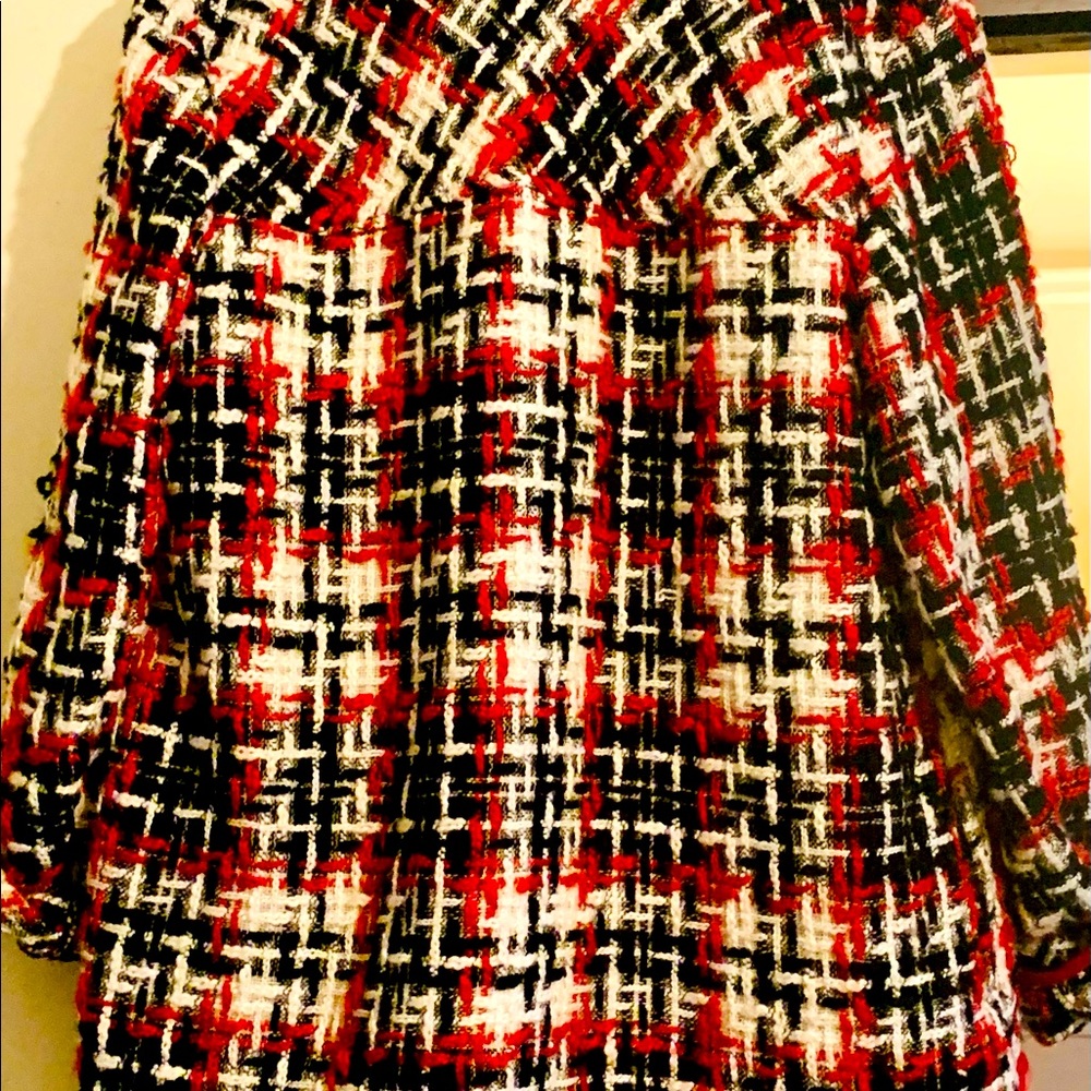 Zara tweed red, black and white shirt jacket.